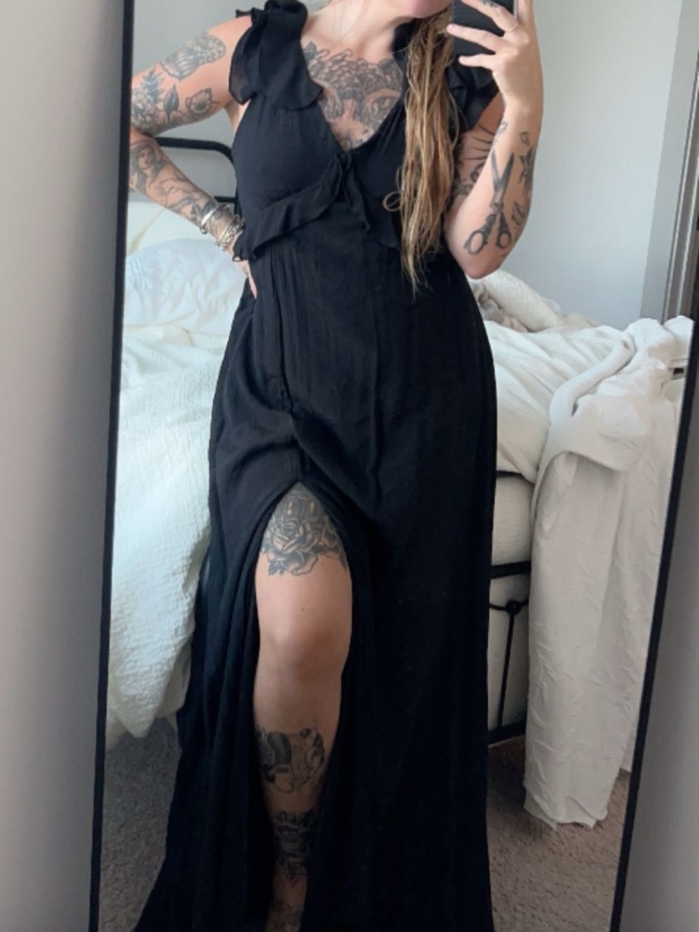 Francesca's Collections Black Ruffled Maxi Dress with Front Slit